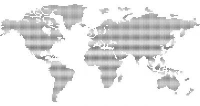 A dotted, grayscale image of the world map.