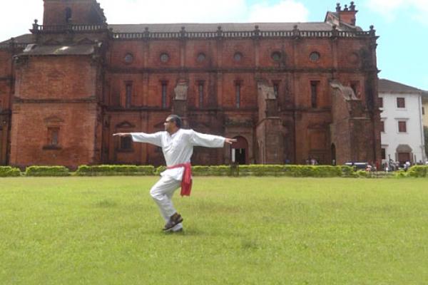 A man holds his arms out for a pose on the grass in front of an enormous old mansion.